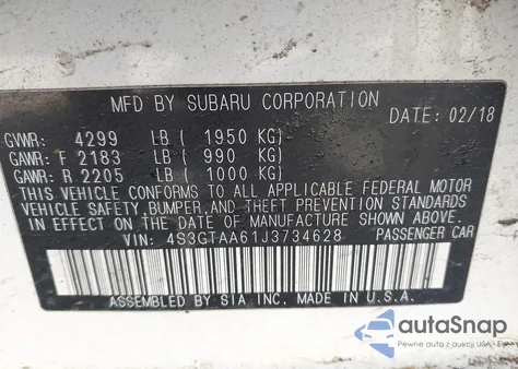 2018 Subaru Impreza 2.0I z USA, uszkodzony, nr VIN 4S3GTAA61J3734628